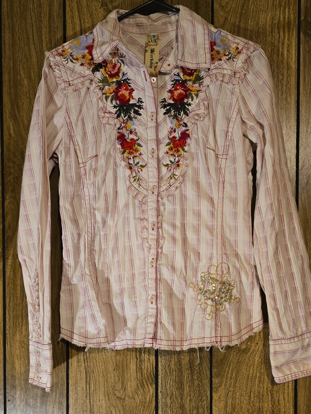 Embroidered Light Pink Striped Button-Down Shirt with Floral Yoke